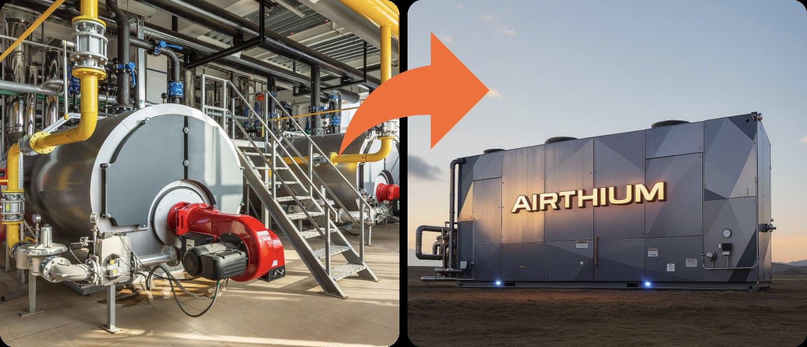 Concept render: a factory gas boiler next to the containerized Airthium unit